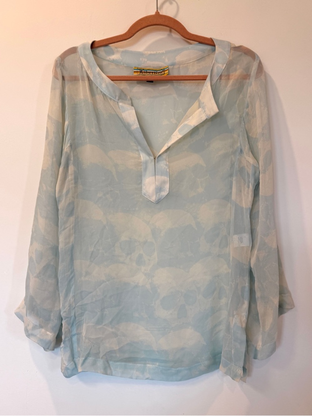 Vtg Libertine Y2K 100% silk sheer popover top blue white skulls M goth gothic